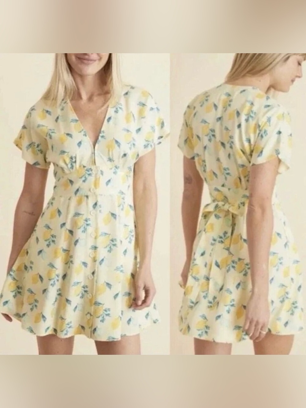 Marine Layer Camila Mini Dress Womens Yellow Lemon Print Belted Feminine Small